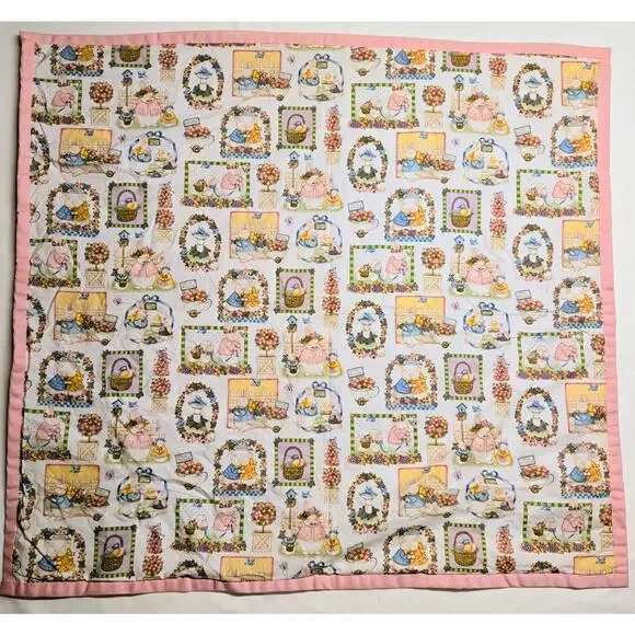 Handmade Vintage Baby Quilt Pastel Easter Bunny Patchwork Theme Blanket 38"X42" - Picture 2 of 5